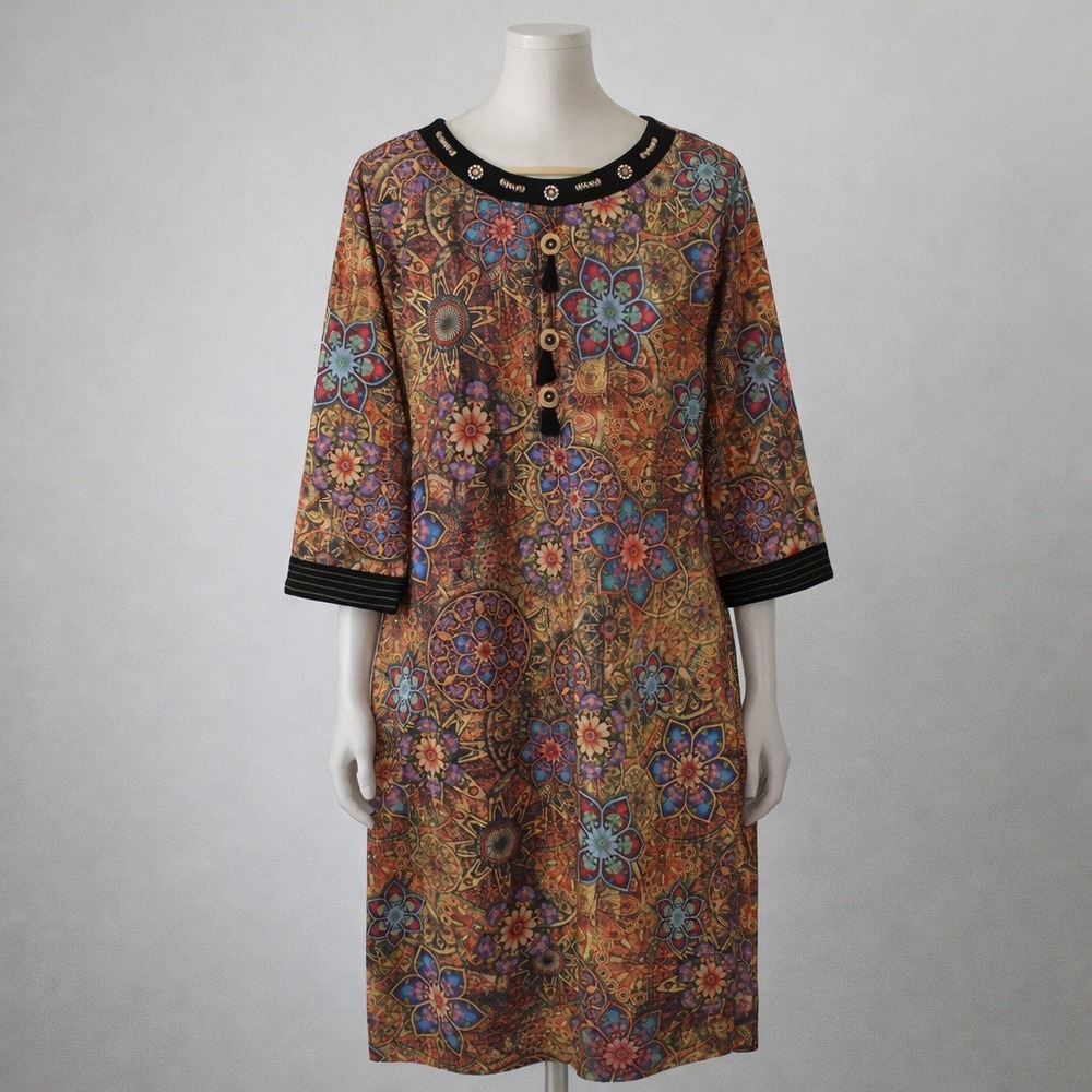 KTD Designer Boho Mandala Shift Dress Size Lg Embellished Floral Hippie Bohemian